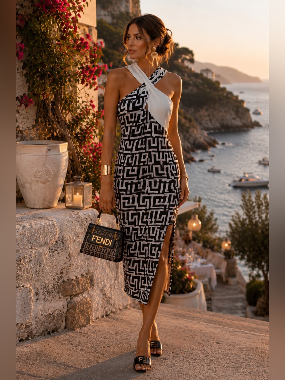 SHEIN Privé Black & White Geometric Cross Halter Bodycon Midi Dress Stretch XL